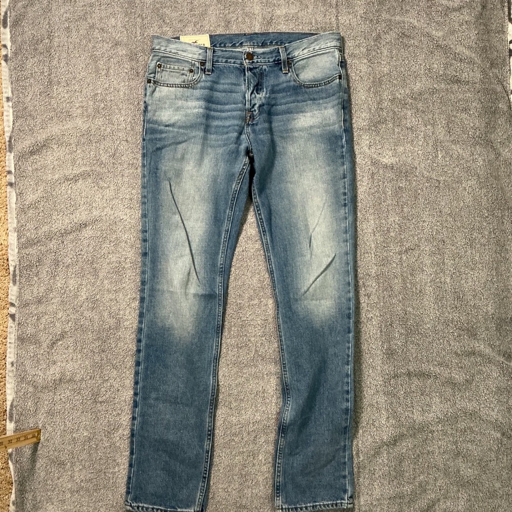 Hollister Skinny Jeans Mens 34x34 Light Wash Blue Denim Button Fly 100% Cotton